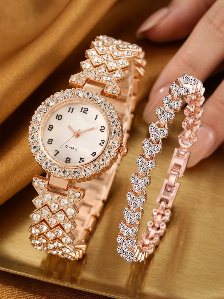 Stylish Women's Diamond Jewelry Watch Set - Round Dial with Matching Bracelet, Gift Boxed