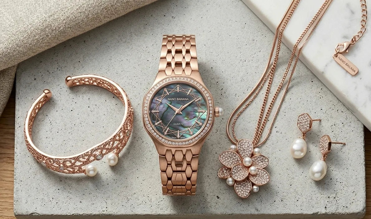 4-Piece Women's Rhinestone Quartz Watch & Faux Pearl Jewelry Gift Set (Without Box)