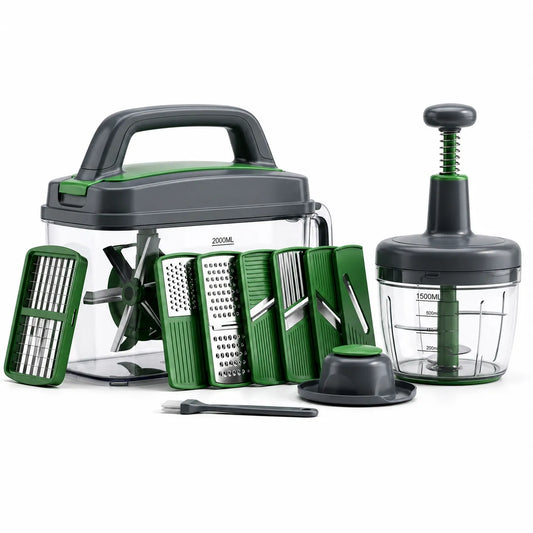 9-in-1 Vegetable Chopper 2000ML with Manual Push Chopper 1500ML