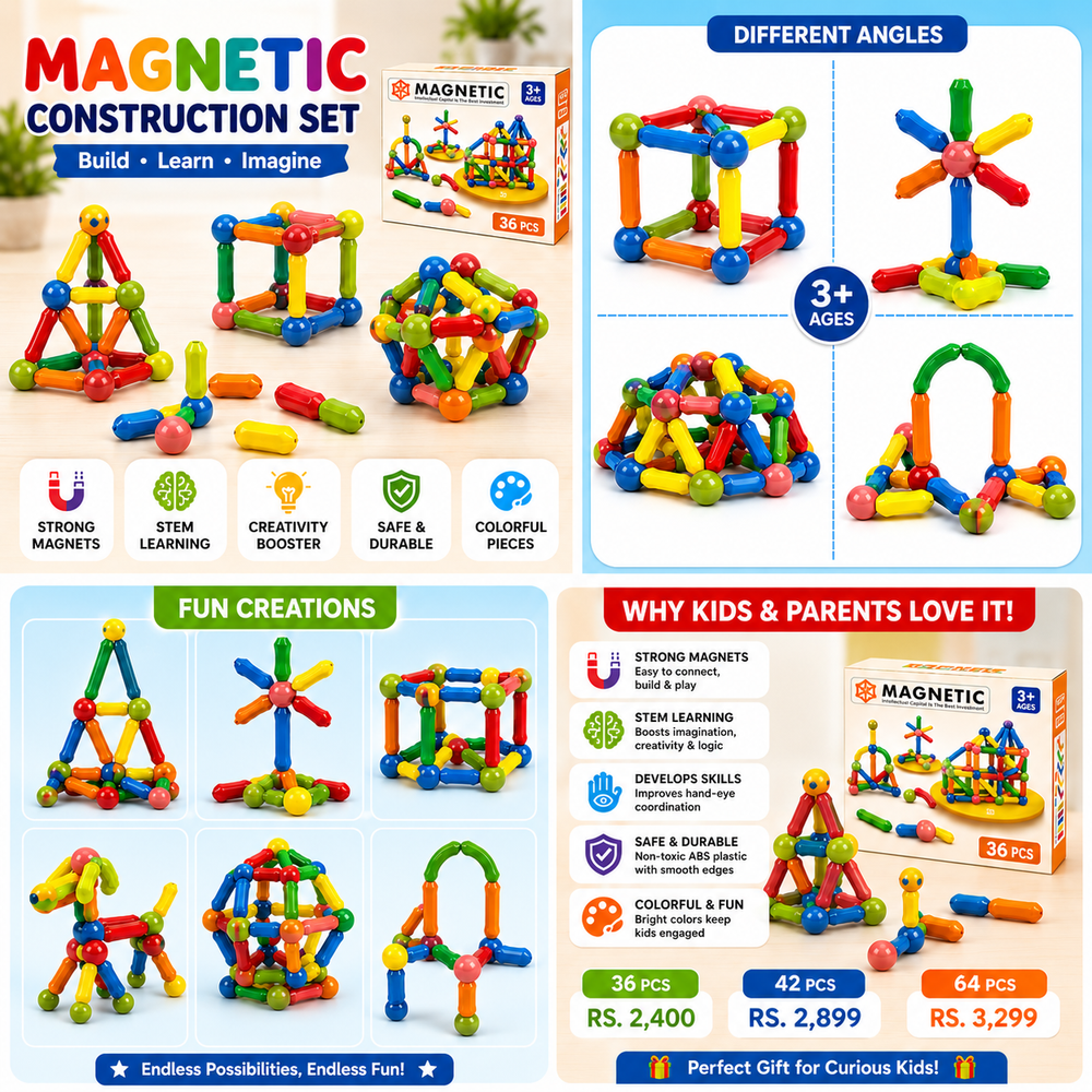 Magnetic Construction Set for Kids | STEM Educational Magnetic Building Blocks | Creative Learning Toy (36 / 42 / 64 PCS)