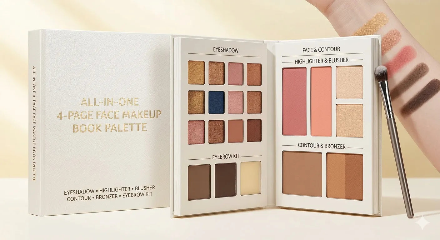 All-in-One 4-Page Face Makeup Book Palette - Eyeshadow, Highlighter, Blusher, Contour, Bronzer & Eyebrow Kit