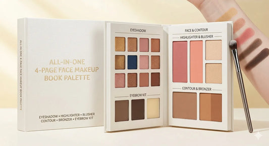 All-in-One 4-Page Face Makeup Book Palette - Eyeshadow, Highlighter, Blusher, Contour, Bronzer & Eyebrow Kit