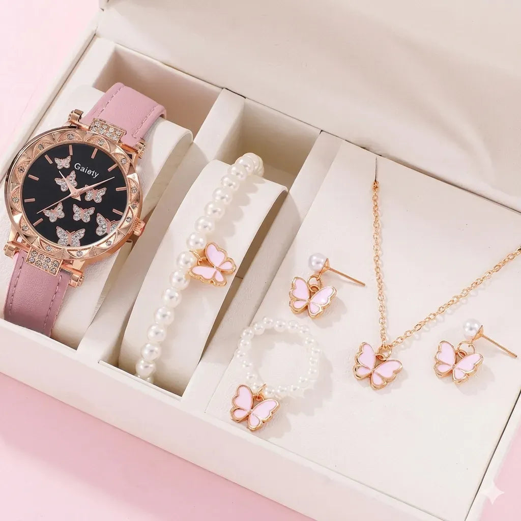 4-Piece Women's Rhinestone Quartz Watch & Faux Pearl Jewelry Gift Set (Without Box)