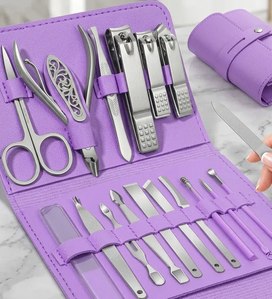 Professional 16-Piece Manicure Pedicure Grooming Kit - Stainless Steel Nail Clipper Set