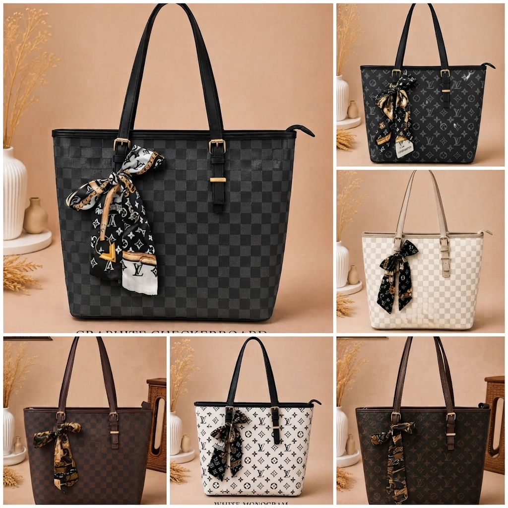 Signature Luxury Tote Bag with Elegant Ribbon Scarf – Premium Quality