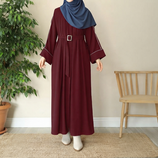 Premium Front-Platted Abaya with Piping Details & Adjustable Belt