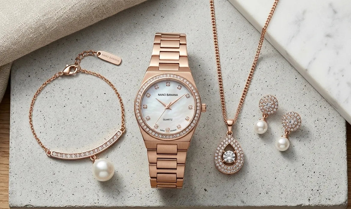 4-Piece Women's Rhinestone Quartz Watch & Faux Pearl Jewelry Gift Set (Without Box)