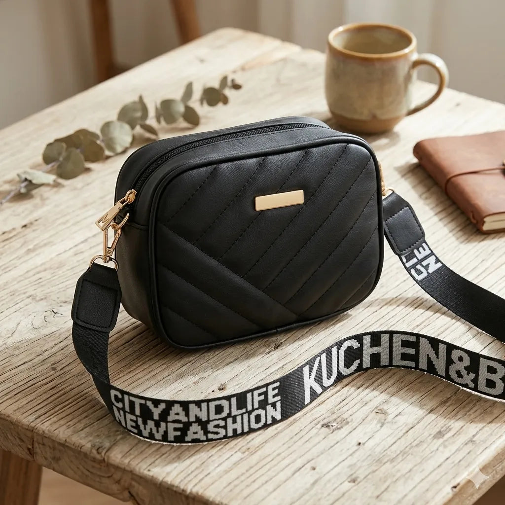 Quilted Crossbody Bag with Logo Strap - Elegant Shoulder Sling Purse for Women