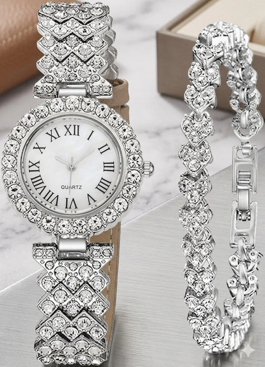 Stylish Women's Diamond Jewelry Watch Set - Round Dial with Matching Bracelet, Gift Boxed
