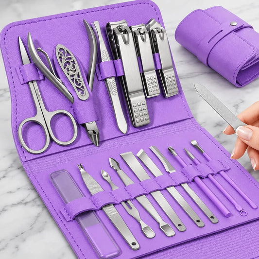 Professional 16-Piece Manicure Pedicure Grooming Kit - Stainless Steel Nail Clipper Set