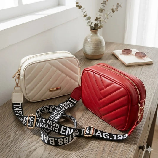 Quilted Crossbody Bag with Logo Strap - Elegant Shoulder Sling Purse for Women