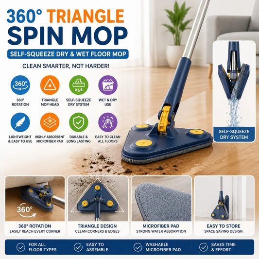 360° Triangle Spin Mop - Self-Squeeze Dry & Wet Floor Mop