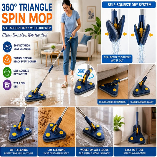 360° Triangle Spin Mop - Self-Squeeze Dry & Wet Floor Mop